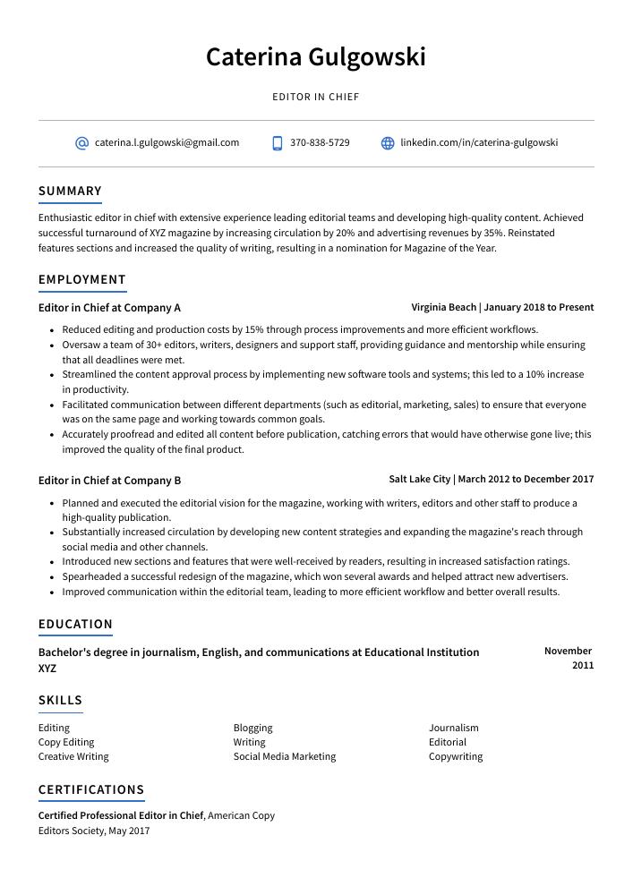 Editor in Chief Resume
