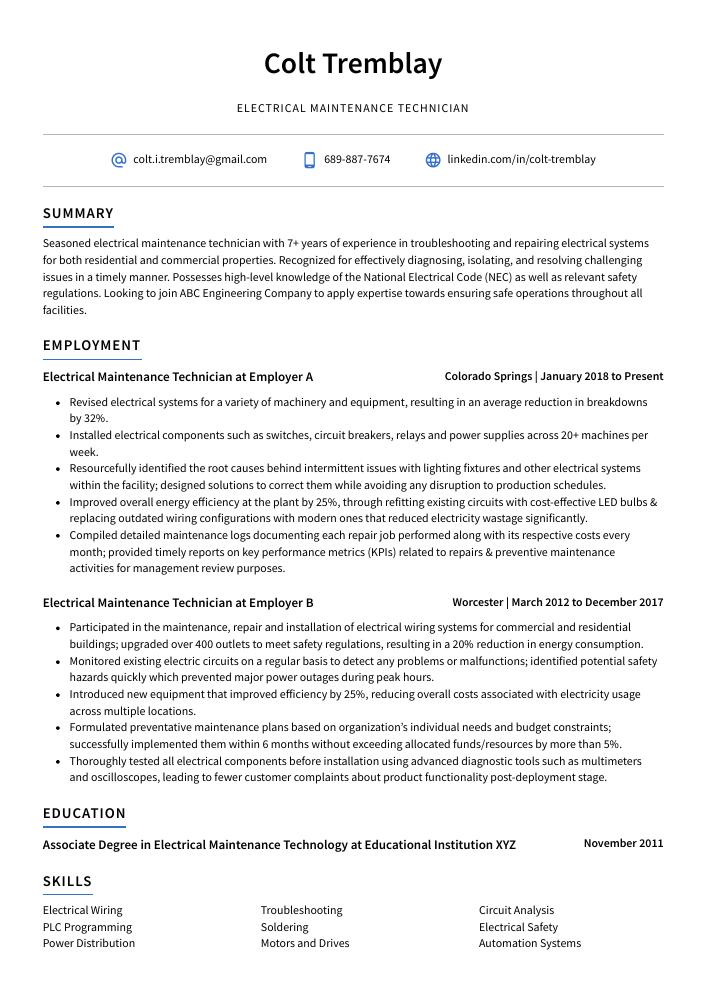 Electrical Maintenance Technician Resume