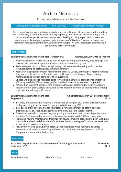 Equipment Maintenance Technician Resume (CV) Example and Writing Guide