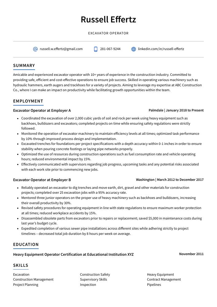 Excavator Operator Resume CV Example And Writing Guide