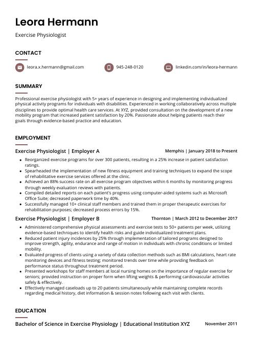 Exercise Physiologist Resume (CV) Example and Writing Guide