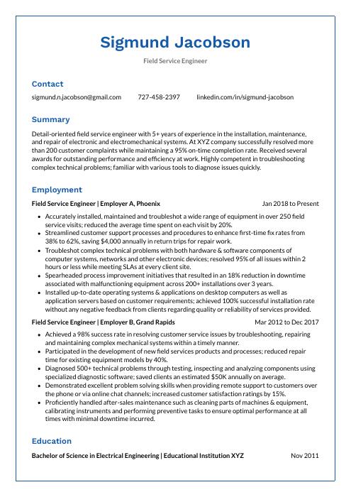 service engineer resume template