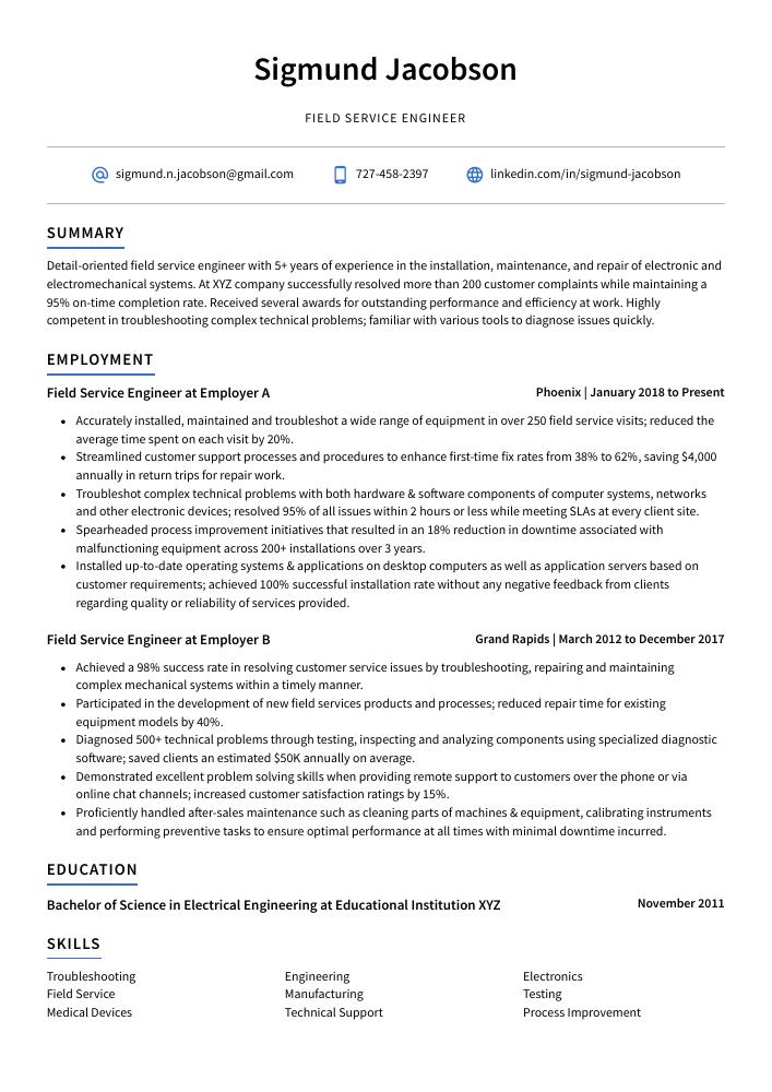 Field Service Engineer Resume