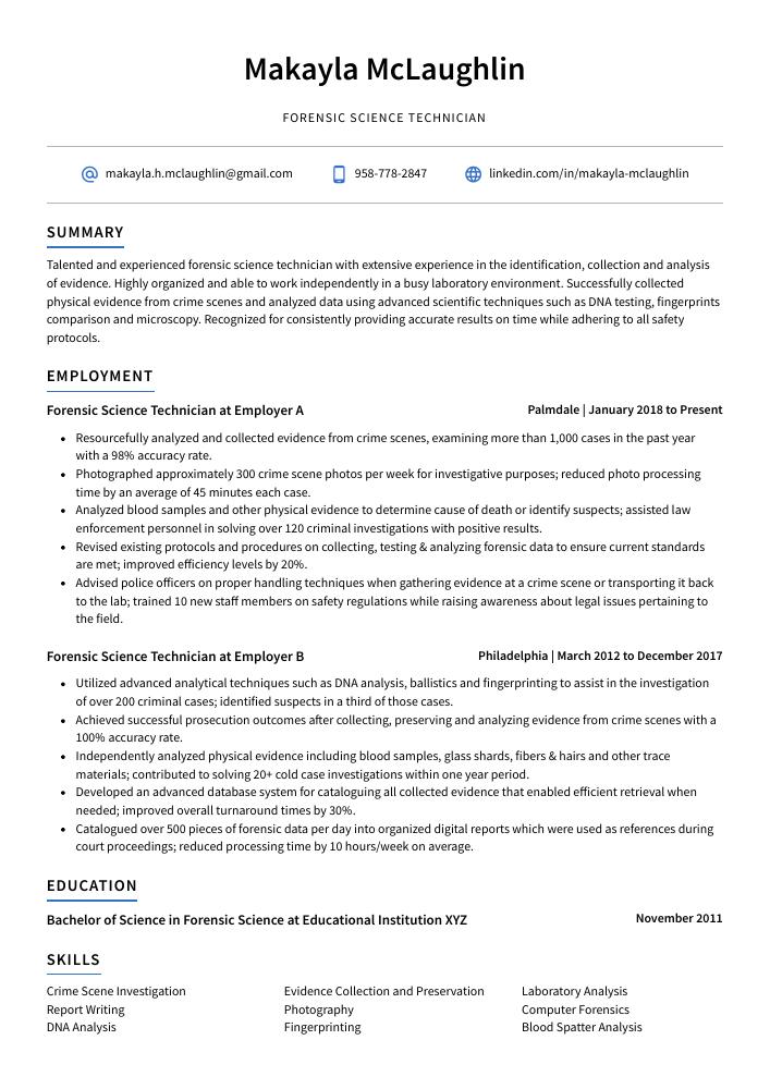Forensic Science Technician Resume