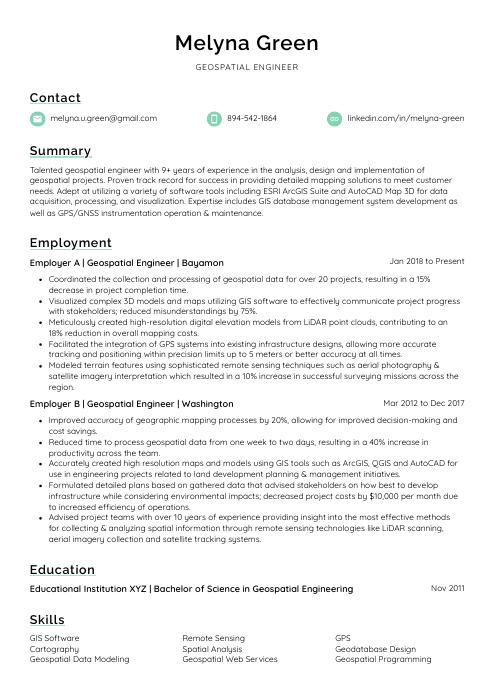Geospatial Engineer Resume (CV) Example and Writing Guide