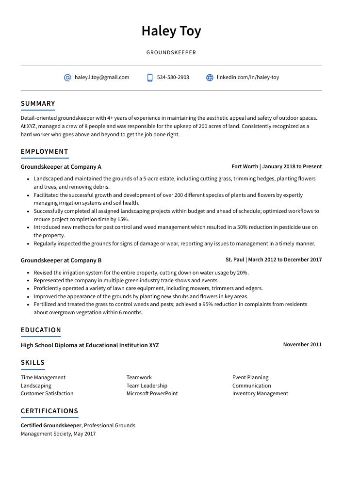 Groundskeeper Resume