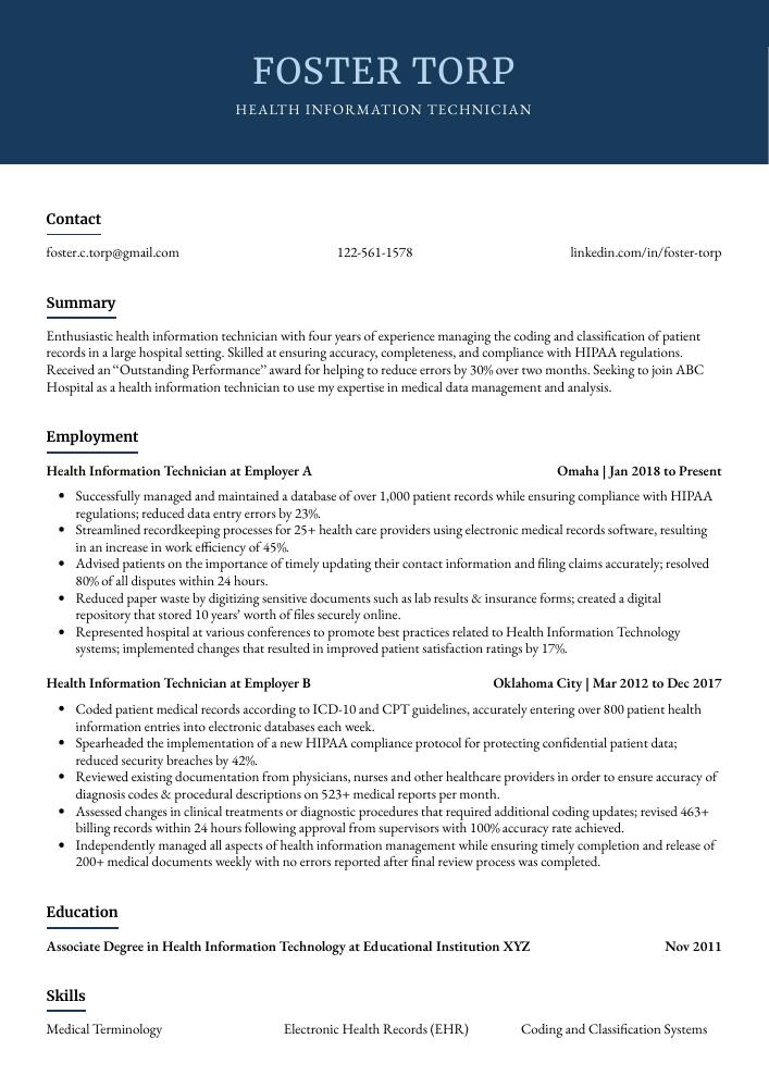 Health Information Technician Resume
