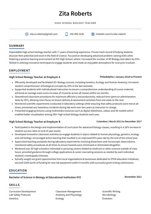 biology teacher resume word format