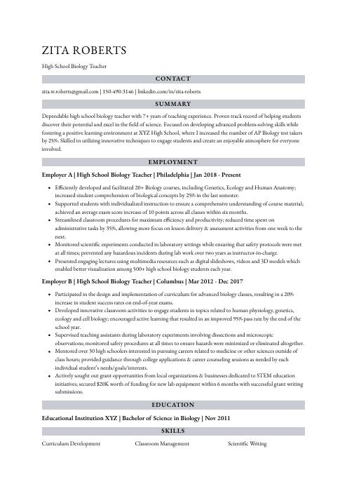 biology teacher resume word format