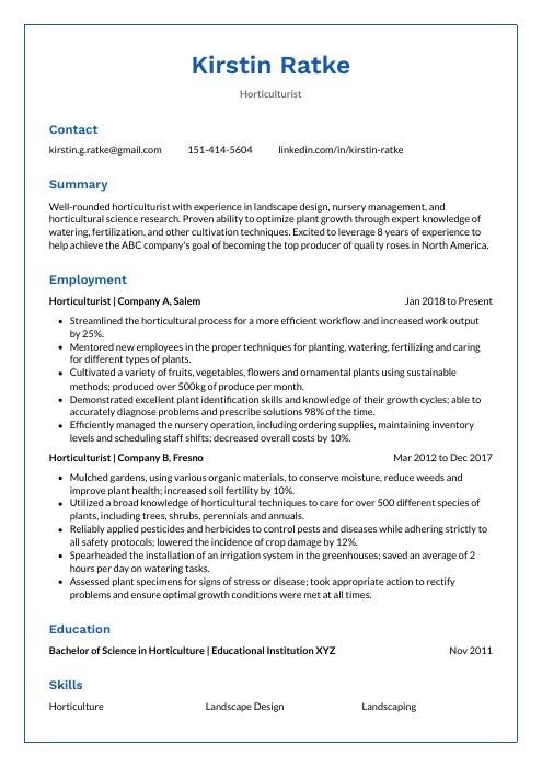 sample resume for horticulture manager