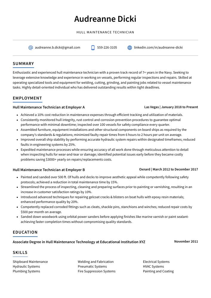 Hull Maintenance Technician Resume