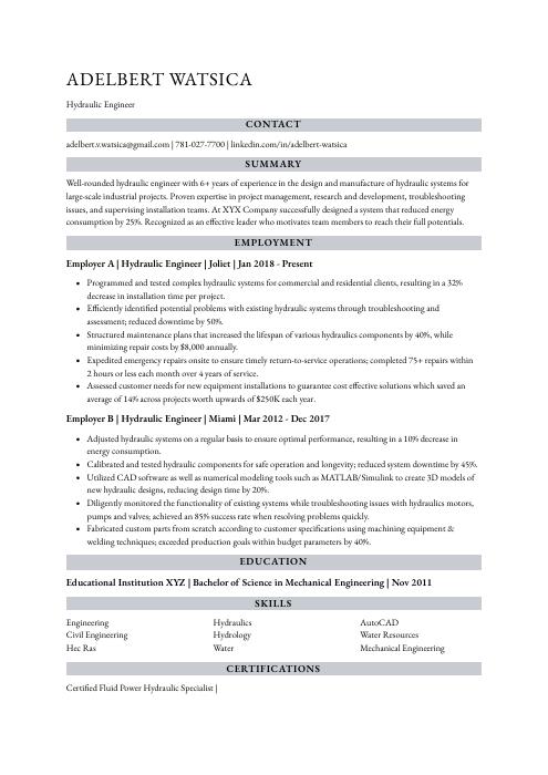 hydraulic service engineer resume sample