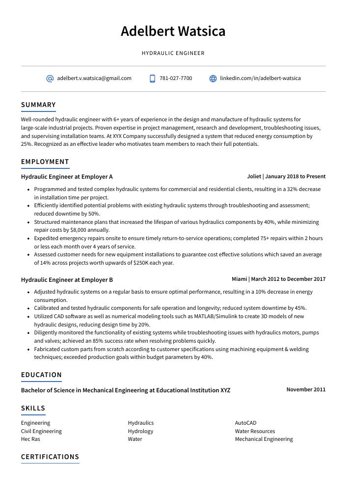 Hydraulic Engineer Resume