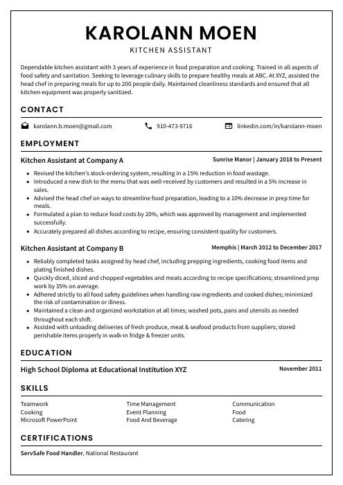Kitchen Staff Resume