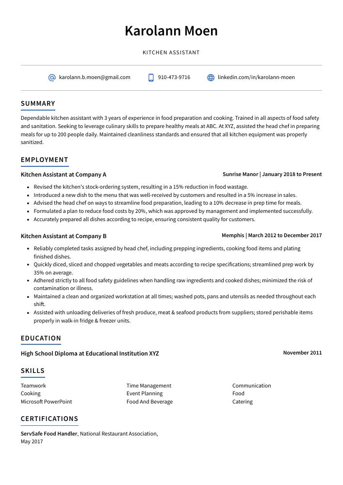 resume kitchen assistant