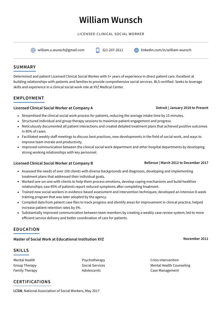 Licensed Clinical Social Worker Resume CV Example And Writing Guide