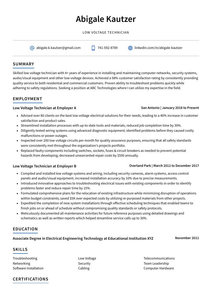 Low Voltage Technician Resume