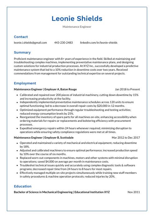 sample resume for utility and maintenance engineer
