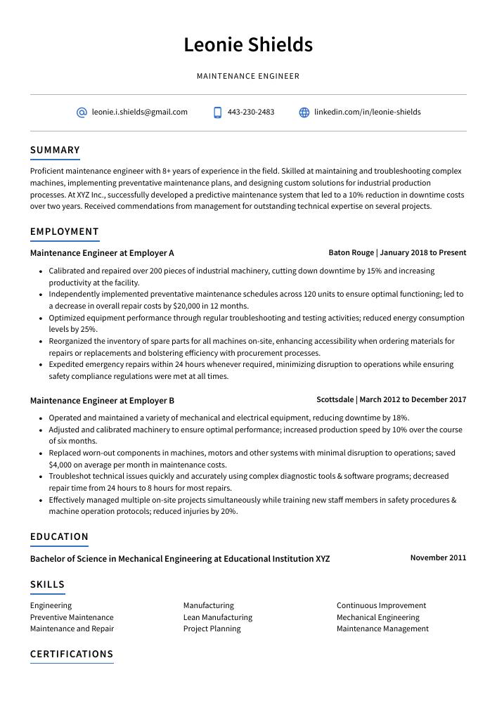 Maintenance Engineer Resume