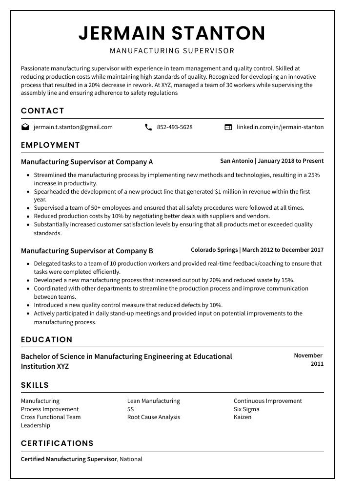 Manufacturing Supervisor Resume