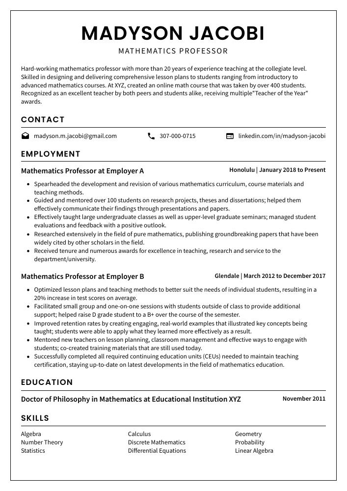 mathematics graduate resume