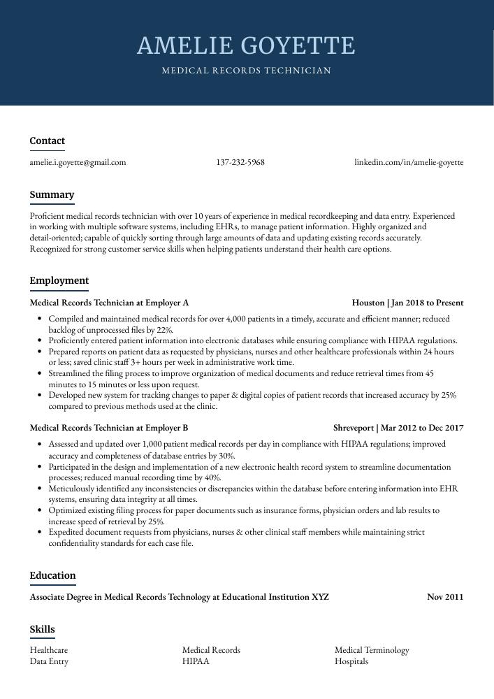 Medical Records Technician Resume