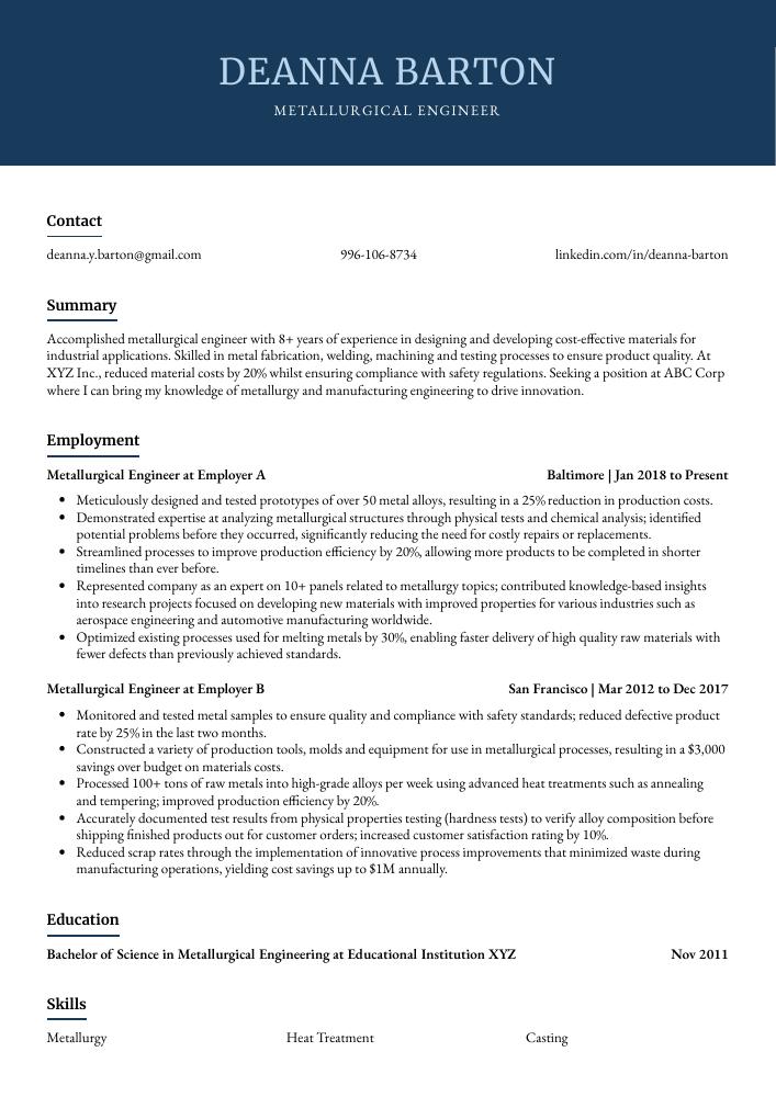 Metallurgical Engineer Resume