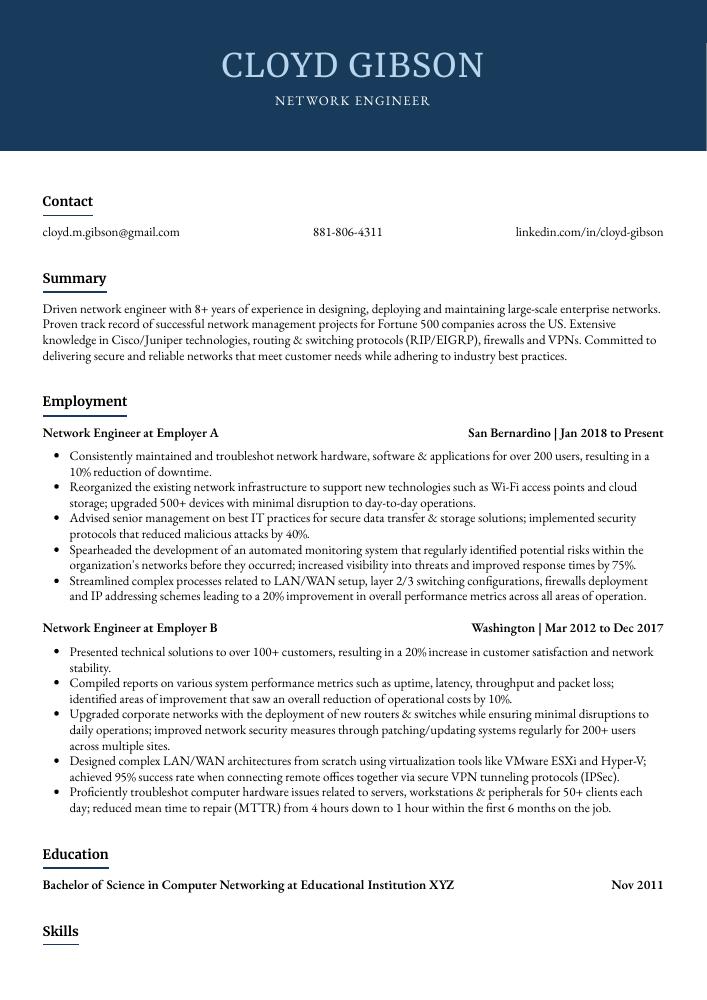 Network Engineer Resume CV Example And Writing Guide
