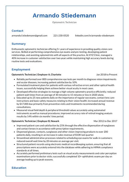 resume summary examples optometric