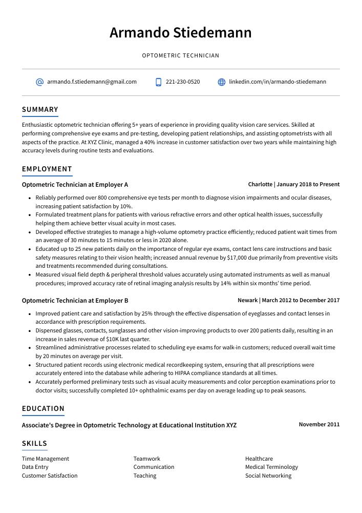 Optometric Technician Resume