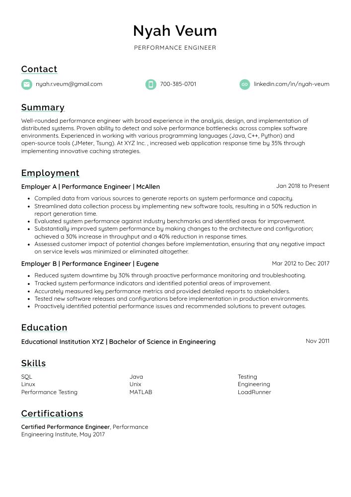 Performance Engineer Resume (CV) Example and Writing Guide