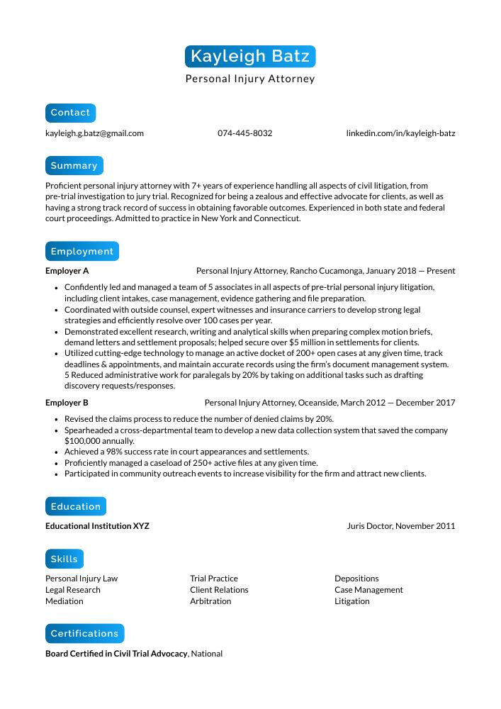 Personal Injury Attorney Resume