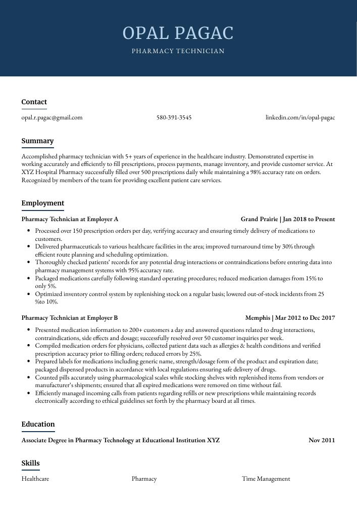 Pharmacy Technician Resume