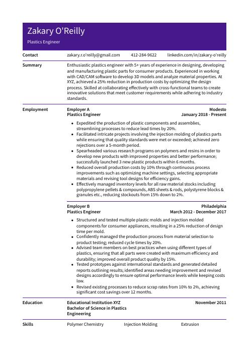 resume format for experienced plastic engineer