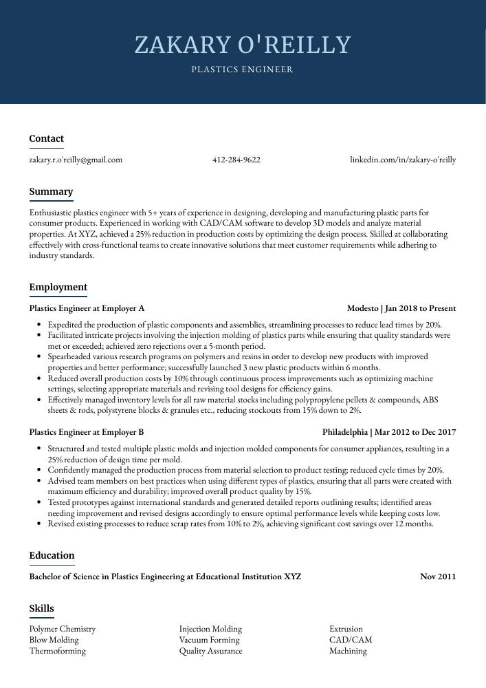 Plastics Engineer Resume