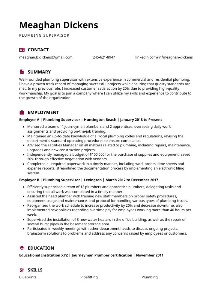 Plumbing Supervisor Resume CV Example And Writing Guide