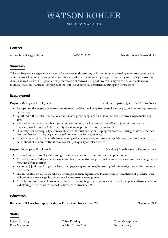 Printer Resume Samples