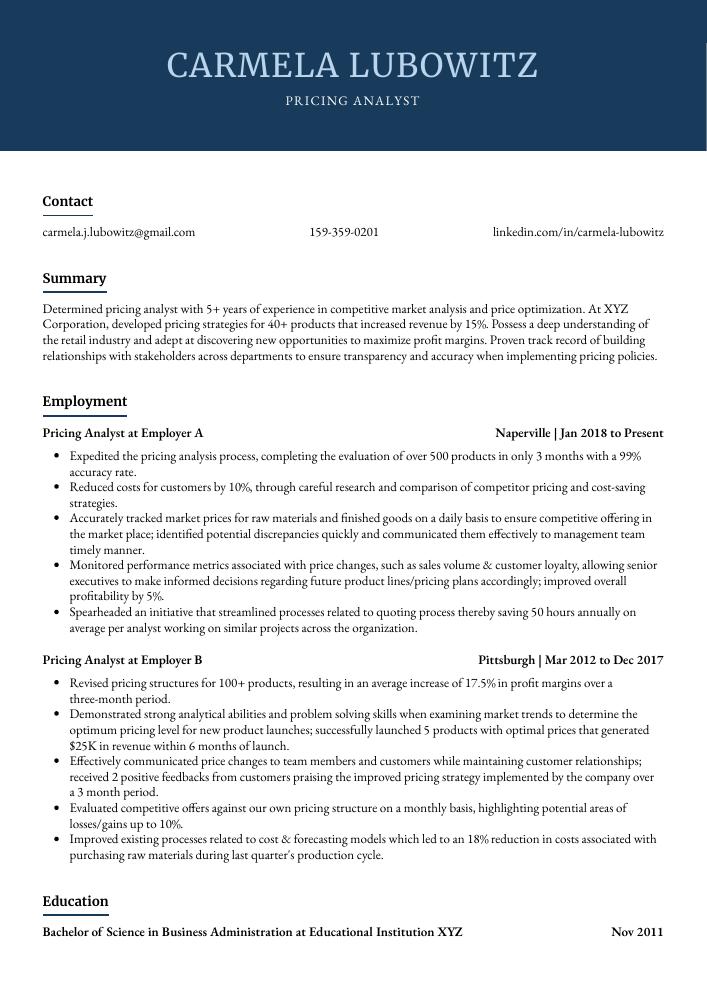 Pricing Analyst Resume
