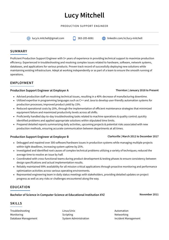 resume of production support engineer