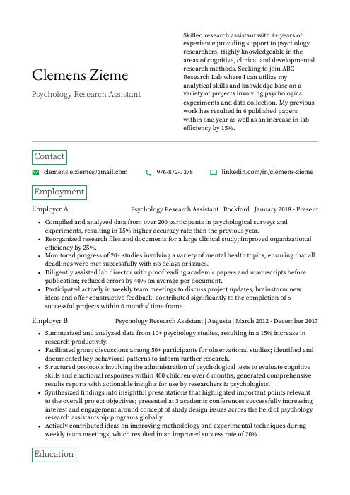 psychology research assistant resume cover letter