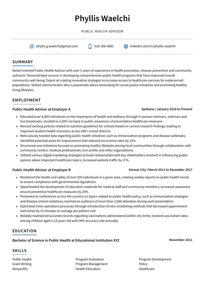 Public Health Advisor Resume