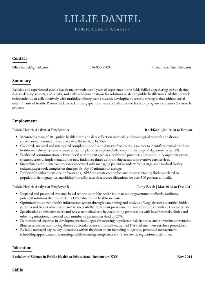 Public Health Analyst Resume