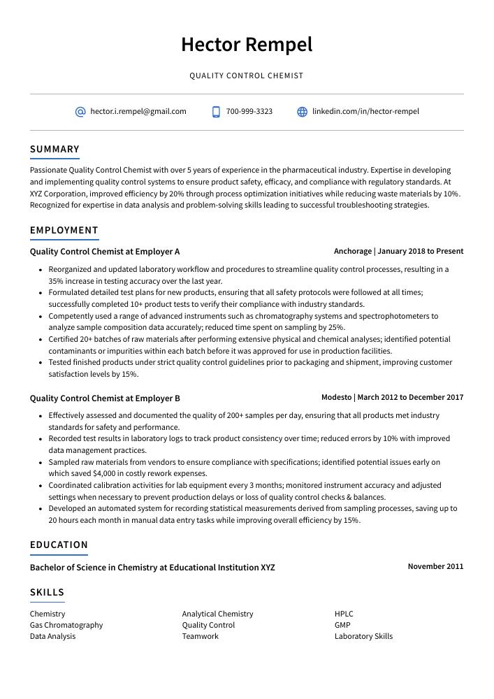 Quality Control Chemist Resume