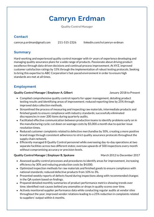 quality control manager resume examples