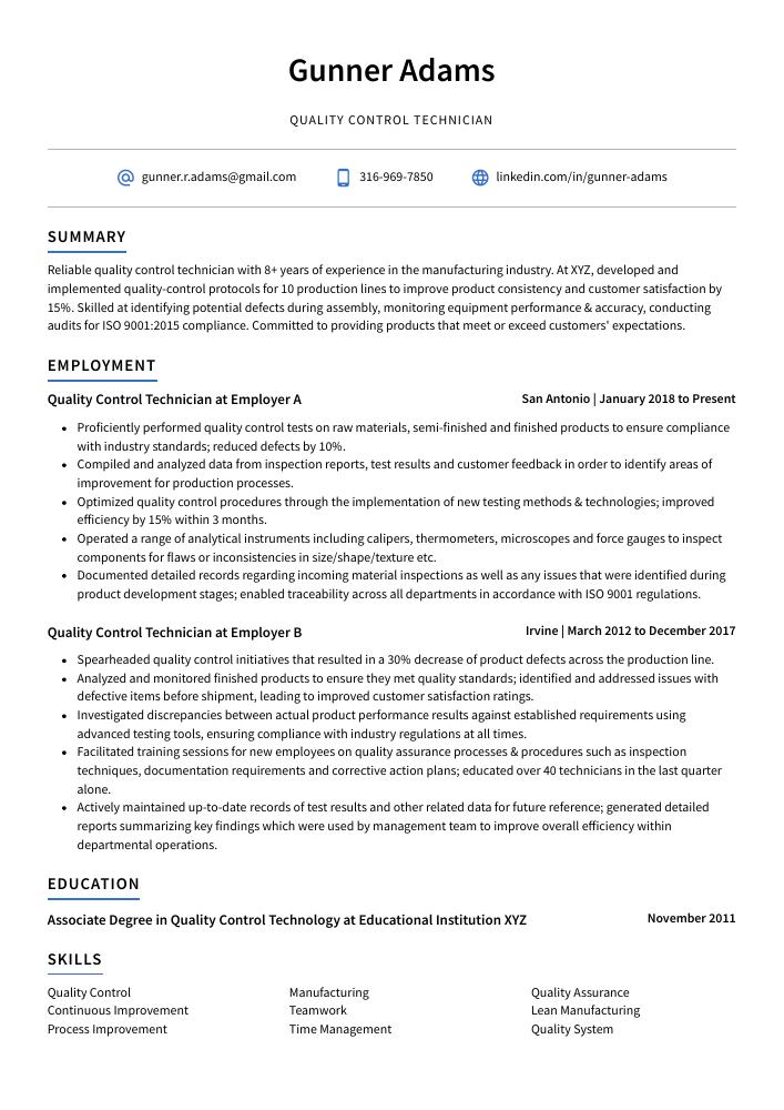 sample resume for quality control technician