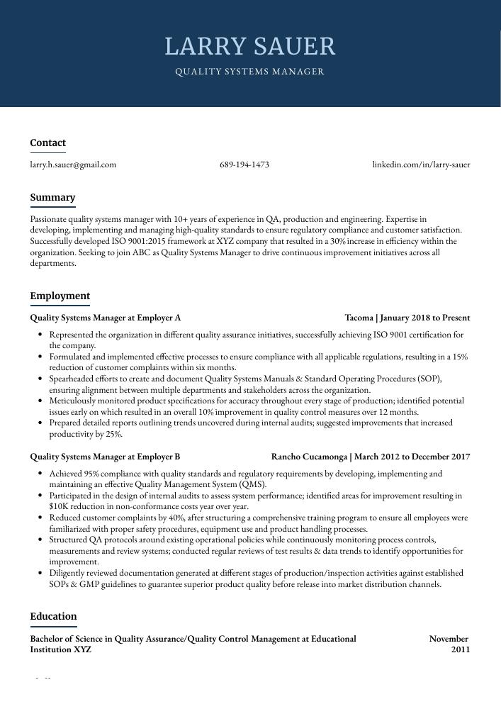 Quality Systems Manager Resume