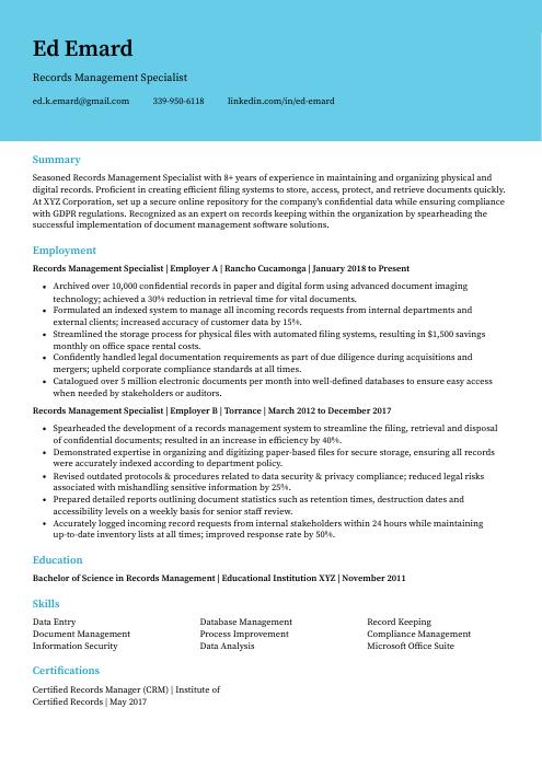 records management resume objective examples