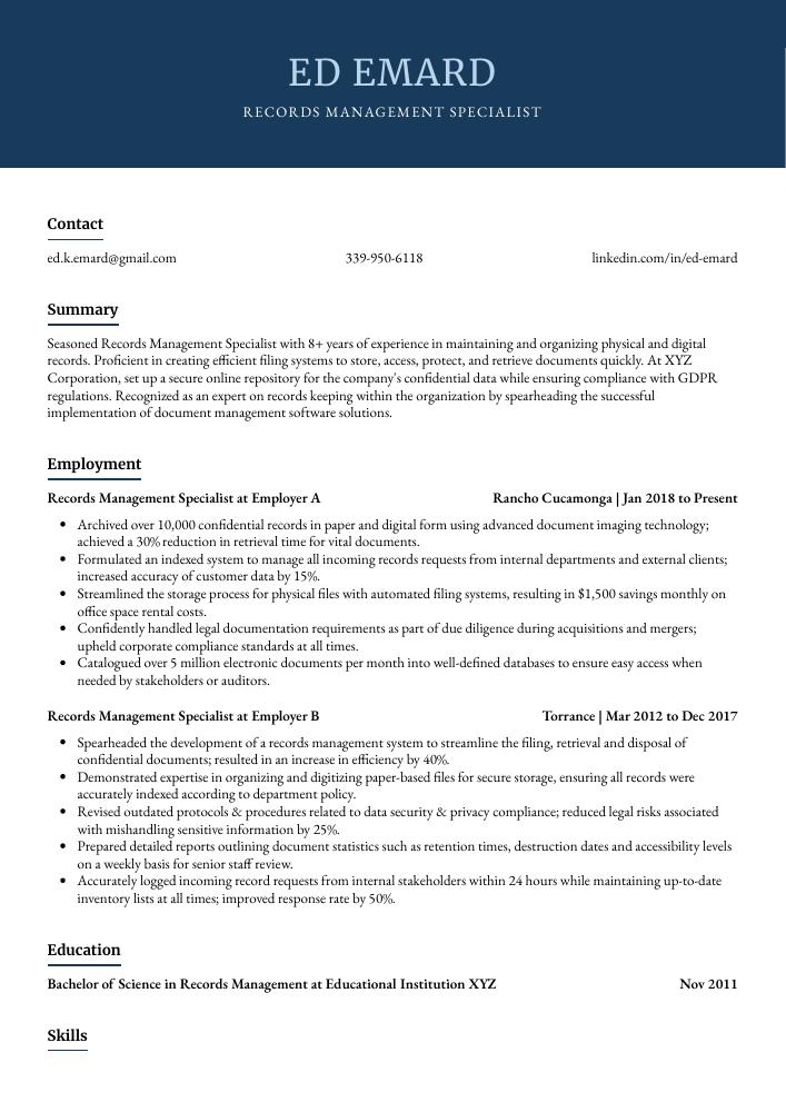 Records Management Specialist Resume