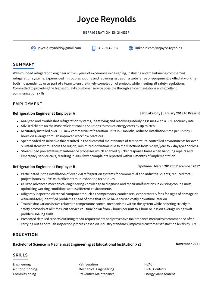 Refrigeration Engineer Resume