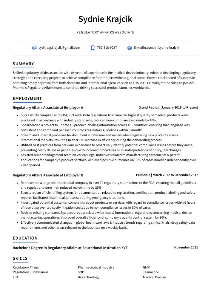 Regulatory Affairs Associate Resume